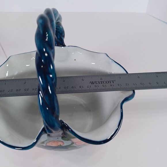 Ruffled Ceramic Basket Handcrafted Blue White Pink Floral Twisted Handle - Picture 10 of 11